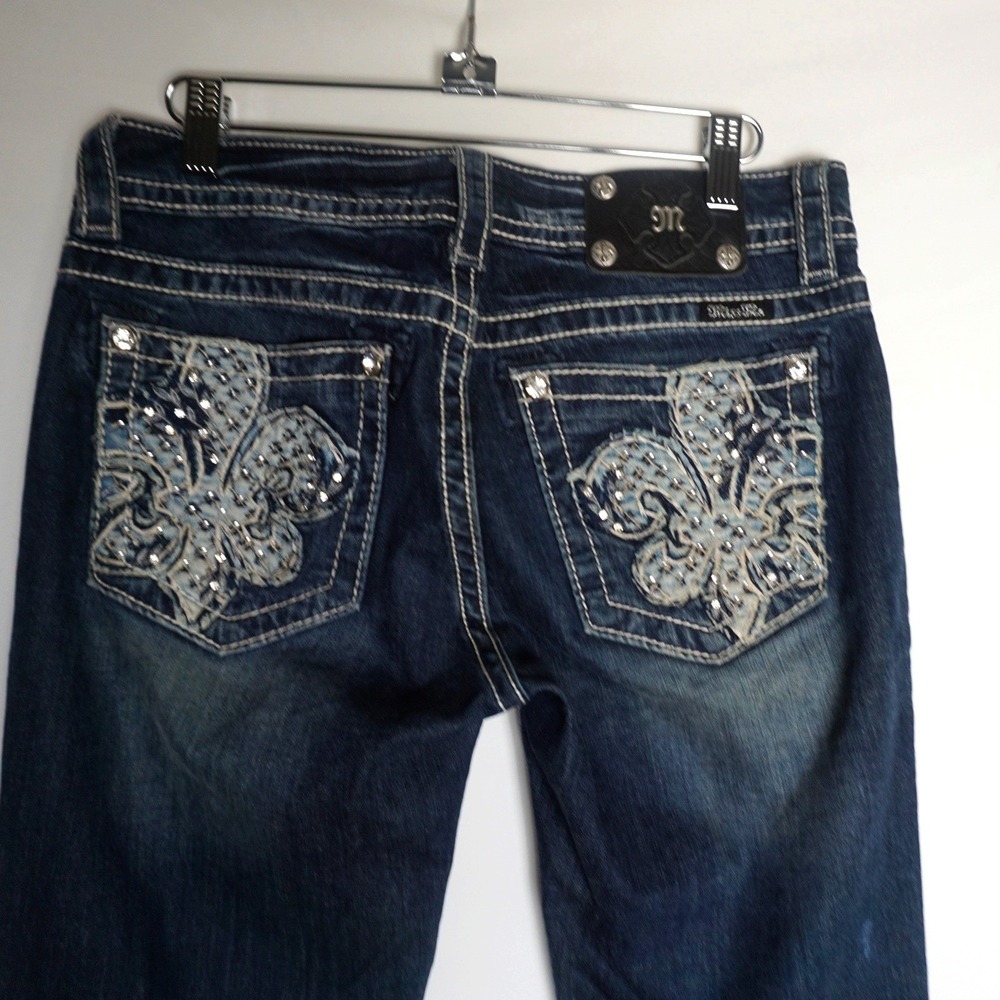 Miss Me Skinny Jeans JP5832S Dark Wash Fleur De Lis Rhinestone Embellished 29